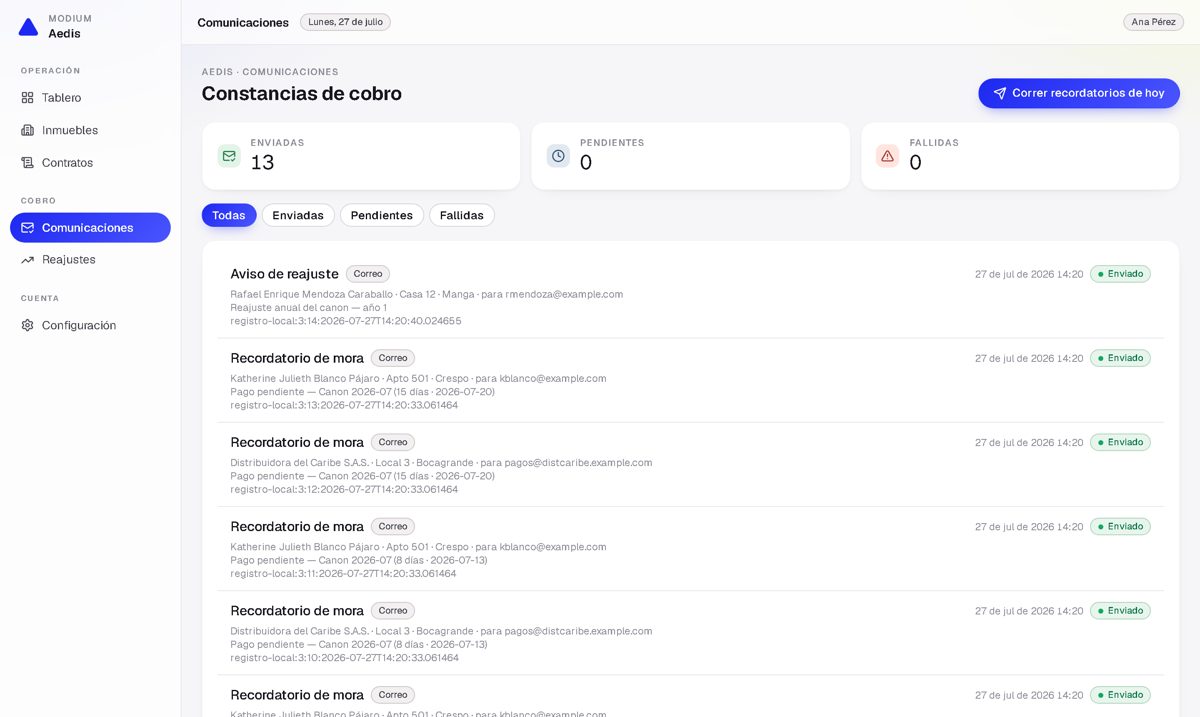 Modium Aedis — constancias de cobro enviadas con registro de envío