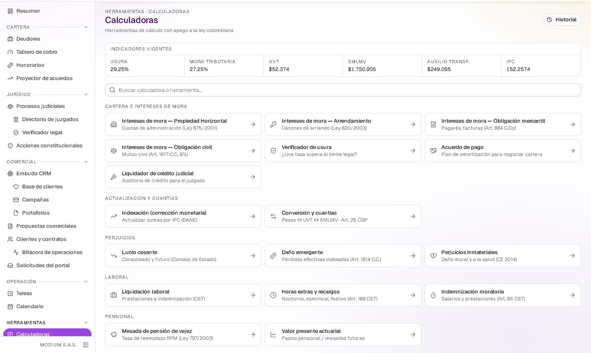 Modium Iuria — calculadoras de intereses de mora, indexación y liquidación laboral