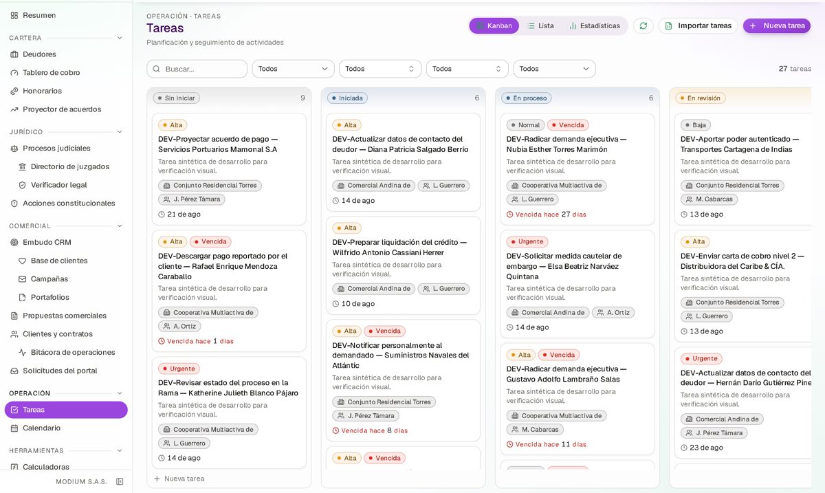 Modium Iuria — tablero de tareas por estado, responsable y prioridad